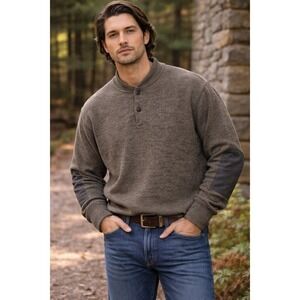 Cabelas Wool Blend Sweater Mens Large Brown Henley Outdoor USA Made